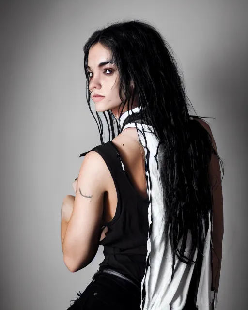 Image similar to a beautiful half body photo of a Young female with long disheveled black hair , paper white skin and reflective eyes, black tank top, black leather shiny jeans, an ankh necklace white colors in the background, 500px photos, top cinematic lighting , cinematic mood, very detailed, shot in canon 50mm f/1.2