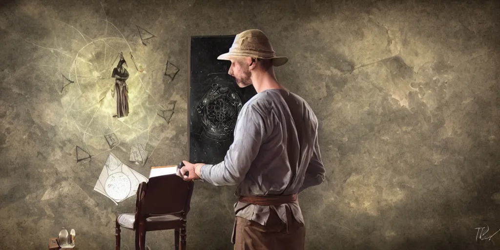 Image similar to back shot of male researcher examining the mysteries of tarot cards on a magical blackboard, fantasy art, matte painting, high quality, digital painting, artwork by terryl whitlatch