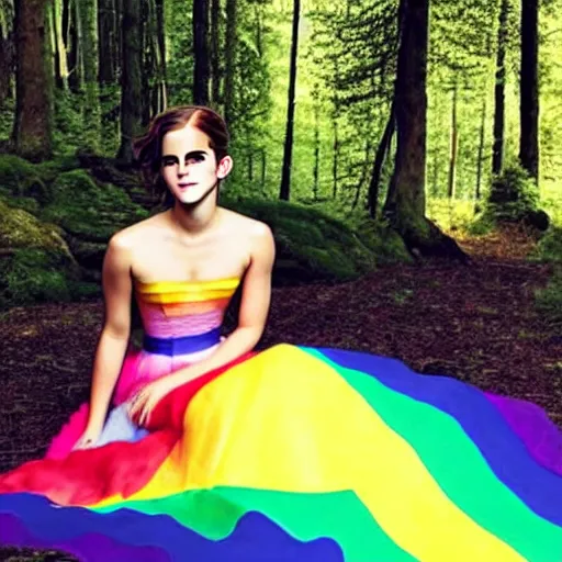 Image similar to photo of emma watson wearing a rainbow wedding gown sitting in a forest