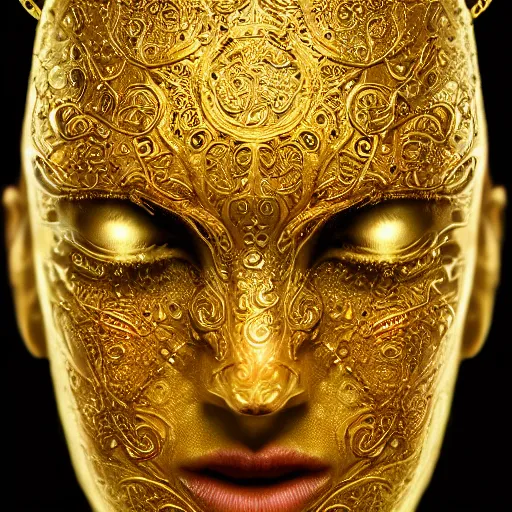 Prompt: an intricate, detailed face of an android, golden skin with water drops on it, analog photo, trending on artstation, art nouveau