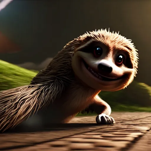 Image similar to sonic the hedgehog as a sloth running at warpspeed, weta hyperrealism cinematic lighting and compositon