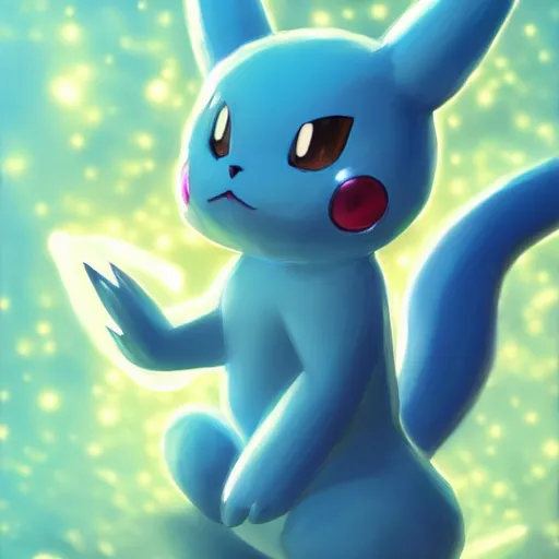 Image similar to cinematic portrait of beautiful Mew Pokemon on blue bubble, oil on canvas, masterpiece, trending on artstation, featured on pixiv, cinematic composition, dramatic pose, beautiful lighting, sharp, details, hyper-detailed, HD, HDR, 4K, 8K