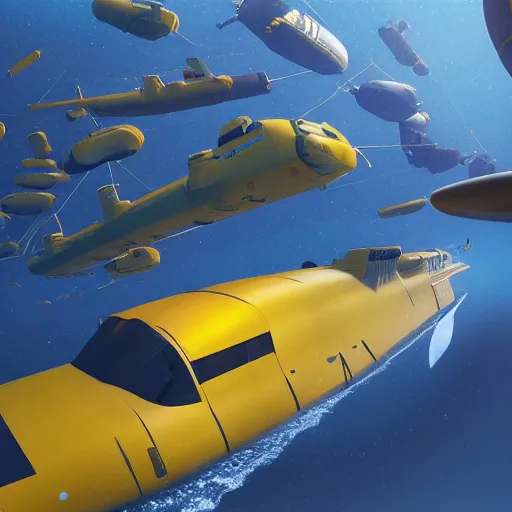 Prompt: a highly detailed of many yellow submarines traffic jam in the sky by sparth and jeff simpson and tyler edlin and, photo, photo real, octane render, vray, brilliantly colored