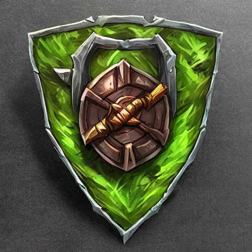 Prompt: green leaves shield weapon, tree roots on the shield weapon, shield made of leaves, epic fantasy style, hearthstone style, weapon art