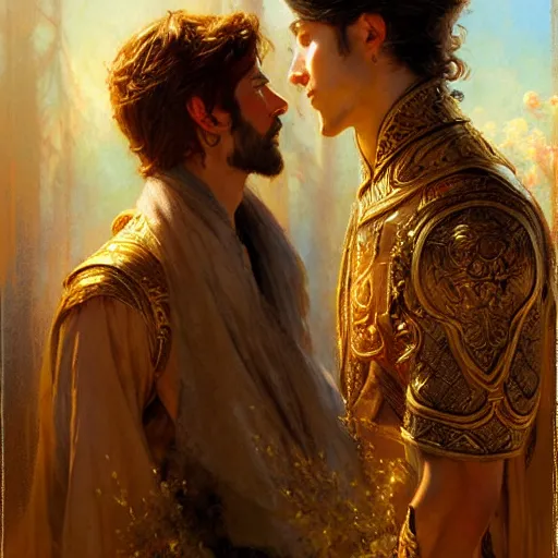 Image similar to attractive fully clothed king confesses his love for his attractive fully clothed male prince. highly detailed painting by gaston bussiere, craig mullins, tom bagshaw,