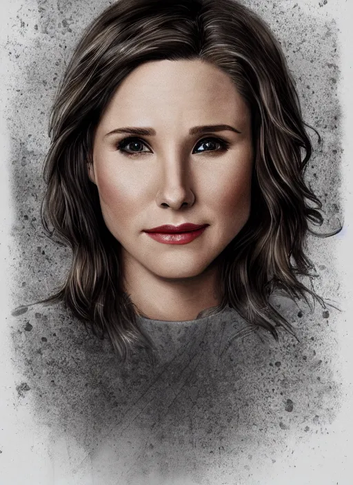 Image similar to a combination of kristen bell and cobie smulders, portrait, intricate, highly detailed, elegant, 8 k, digital art, trending on artstation, smooth, sharp focus