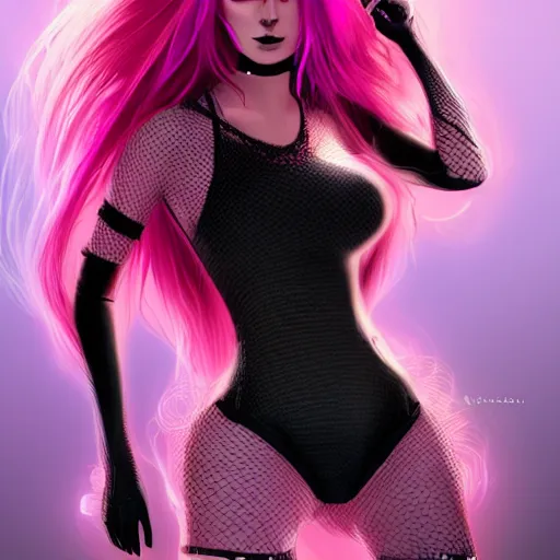 Image similar to Full body portrait of a woman with bright glowing strands of hair, wearing dark black clothing with fishnet stockings, pink dyed hair and a fringe, posing ready for a fight, artstation, cgsociety, masterpiece