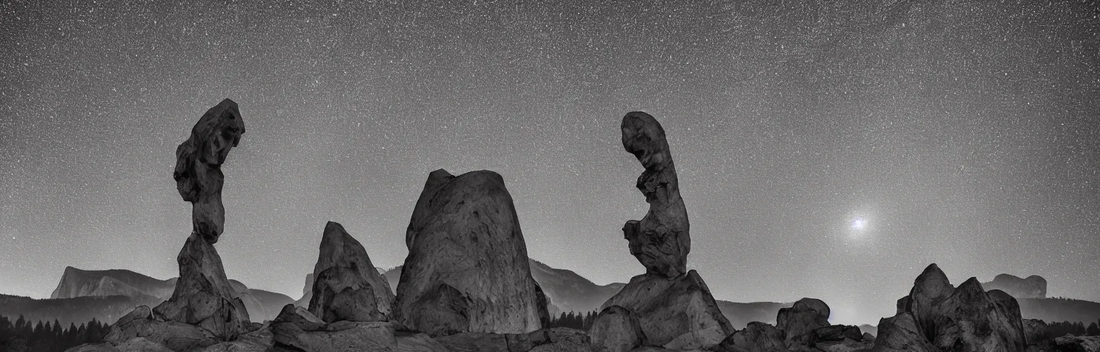 Image similar to to fathom hell or soar angelic, just take a pinch of psychedelic, medium format photograph of two colossal minimalistic necktie sculpture installations by antony gormley and anthony caro in yosemite national park, made from iron, marble, and limestone, granite peaks visible in the background, taken in the night