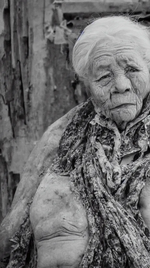 Image similar to realistic black and white old photo of a giant very old woman on destroyed city, short dof, extremely cute, large head, hyper realistic, minutely detailed