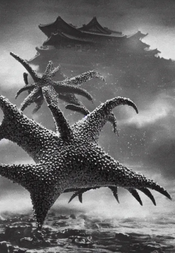 Image similar to a filmstill of a north korean monster movie, kaiju - eiga monster starfish - like trampling a traditional korean palace, foggy, film noir, video compression