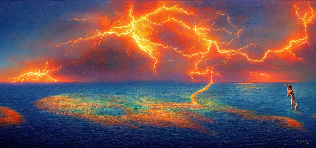 Image similar to aerial painting of a giant beautiful female, standing deep in the ocean, the sky and islands are on fire, atmospheric lightning, godray, concept art, in the style of bob byerley, 8 k high details