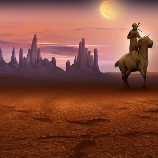 Image similar to desert at night filled with centaurs, tall white tower in the background, HD,