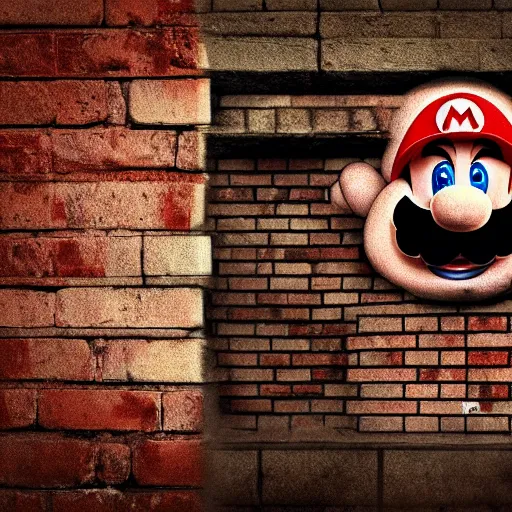 Prompt: super mario peeking behind a brick wall, gritty, dark, scary