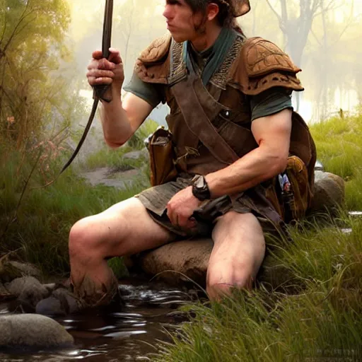 Image similar to young rugged ranger sitting by a stream, muscular thighs, soft smile, D&D, fantasy, intricate, cinematic lighting, highly detailed, digital painting, artstation, concept art, smooth, sharp focus, illustration, art by Artgerm and Greg Rutkowski and Alphonse Mucha