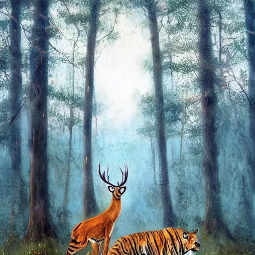 Image similar to !!! deer and!!! tiger standing close to each other in sherwood forest by esao andrews