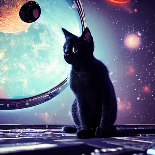 Image similar to black cat in space, hypermaximalistic, high details, cinematic, 8k resolution, beautiful detailed, insanely intricate details, artstation trending, octane render, unreal engine