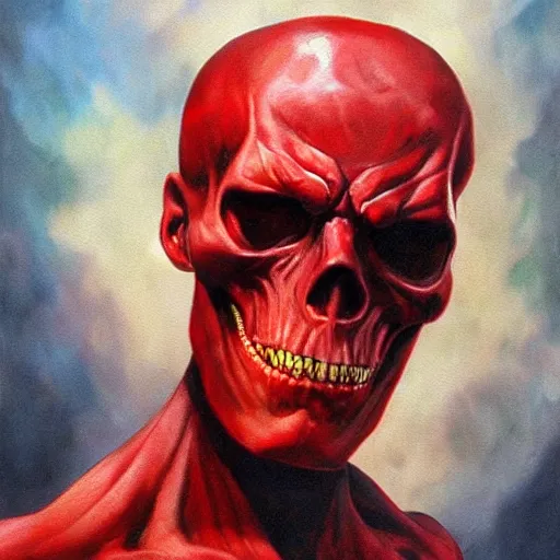 Image similar to ultra realistic portrait painting of red skull as harry potter, art by frank frazetta, 4 k, ultra realistic, highly detailed, epic lighting