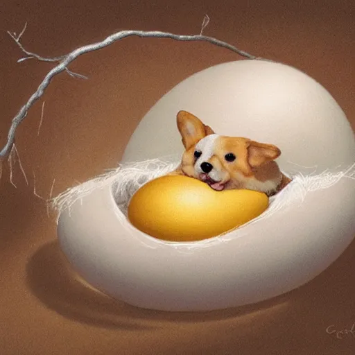 Image similar to concept art of a baby corgi emerging from an egg in a nest, anne geddes