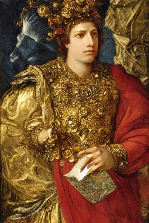 Prompt: hyperdetailed matte illustration of a knight wearing an ornate gold headpiece and holding a flower with a map of the collective subconscious in the background by titian