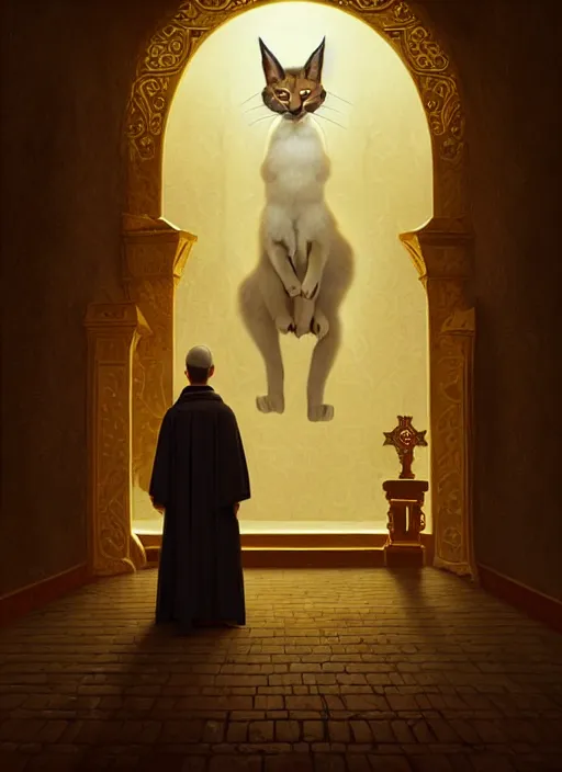 Prompt: cute fluffy anthropomorphic caracal as orthodox priest in golden clothes, caracal head, wearing vr, in orthodox church at background, dynamic lighting, darkness, atmospheric, surrealistic, ambients, dramatic, blurry bokeh cinematic, depth of field, art by bussiere rutkowski andreas rocha