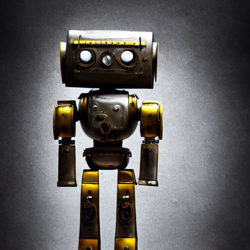 Prompt: a cute little robot made out of steel and metal, steampunk, studio photography, backlit, 8k, in the style of borderlands