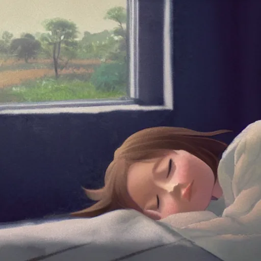 Image similar to little girl in pajama sleeping. digital artwork by makoto shinkai, inspired by pixar movies and balthus, highly detailed, realistic