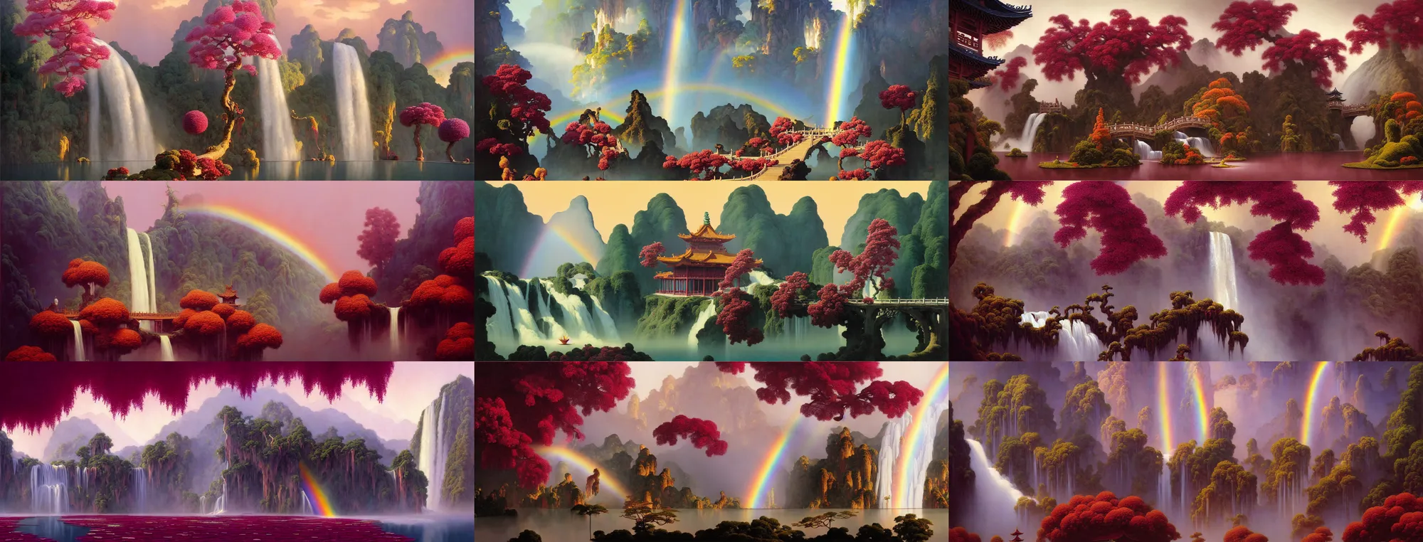 Image similar to a gorgeous painting by barlowe wayne, maxfield parrish and marco mazzoni. xanadu chinese temple on a platform that extends over a great waterfall, a huge tallest magnificent peach blossom tree glowing, maroon leaves, bridge, 3 d, octane render, lotus flower lake, waterfall. fog, just one rainbow. 8 k.