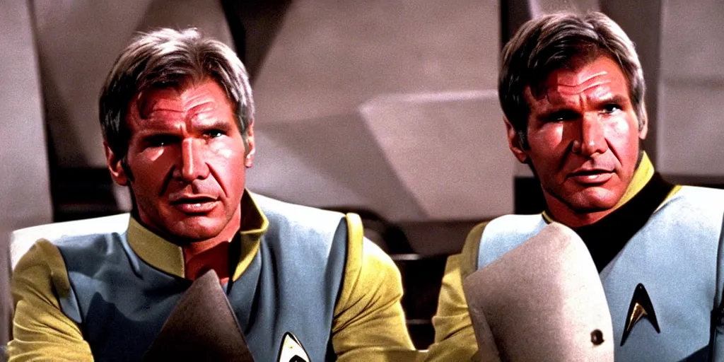 Image similar to Harrison Ford in the role of Captain Kirk in a scene from Star Trek the original series