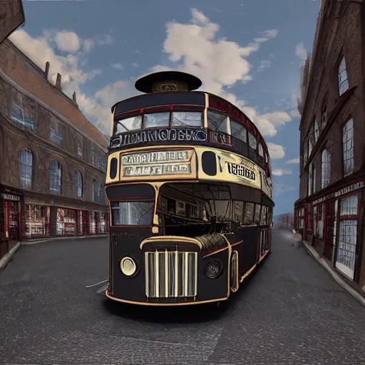 Prompt: A steampunk double decker bus with a giant billowing column ontop, steam powered, streetview of old London, by Enki Bilal, digital art, unreal engine, gothic style, - W 832