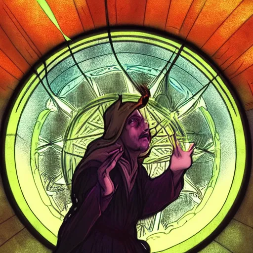 Image similar to a warlock is casting a magic spell while with magic orb floating in his hand , dynamic pose, chromatic aberration , medium level shot, Mucha style , Grim fantasy, illustration ,concept art, Mucha style,