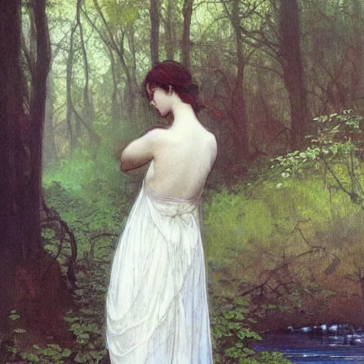 Prompt: a beautiful painting of the back view of a young lady in white dress sitting by the river in a grown forest, washing her dark long hair, sunlight reflected on the river, Mucha, Mohrbacher