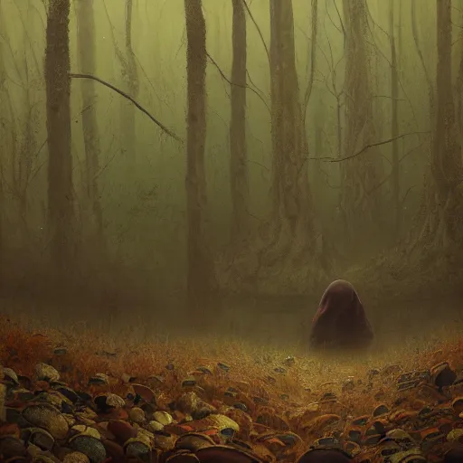 Image similar to an old broken hut mage of huge mushrooms, in an autumn forest, green and brown tones, by Aron Wiesenfeld and beksincki, in the style of of simon stalenhag and Bev dolittle, cinematic, detailed illustration, nature, fog, dark colors, suspense, intricate, 8k in the style