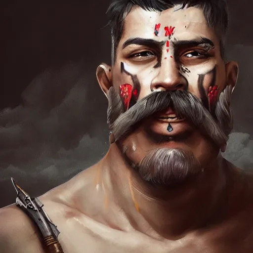 Image similar to portrait barbarian with face tattoo and trucker mustache, 8 k, trending on art station, by tooth wu and greg rutkowski