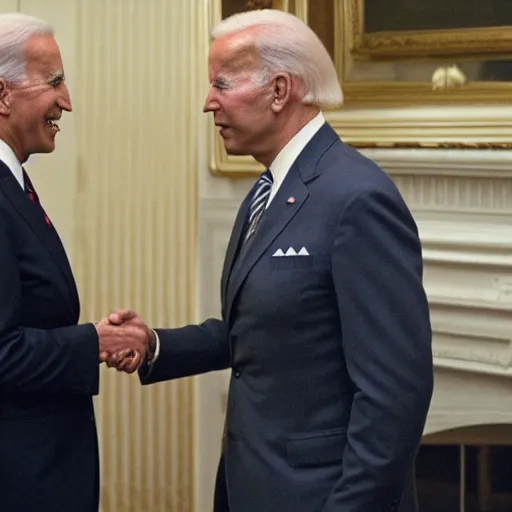 Image similar to patrick bateman shaking hands with joe biden.