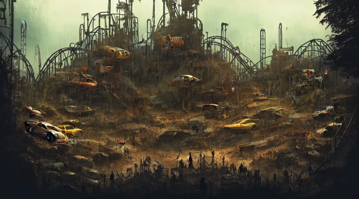 Image similar to post apocalyptic theme park park, by pascal blanche, neil blevins, apocalyptic color palette, trending on artstation, photorealistic, wilderness ambiance, ultra detailed, high definition, depth of field, bokeh, rubble,