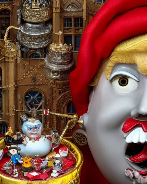 Image similar to highly detailed closeup, face profile portrait of a tin toy donald trump as a fairytale henry viii eating cakes, depth of field, nicoletta ceccoli, mark ryden, lostfish, max fleischer, breathtaking, detailed and intricate environment, 8 k resolution, hyperrealistic, octane render