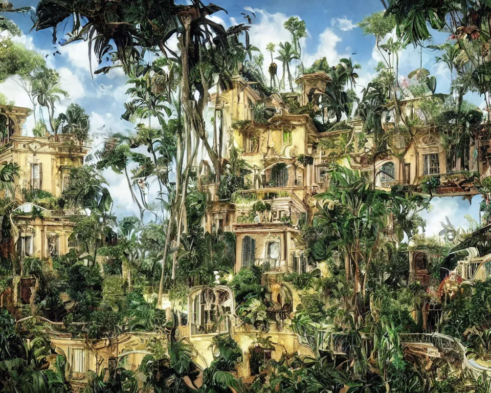 Prompt: repeating colonial mansions, overgrown with tropical foligage, by Salvador Dali and Greg Rutkowski and Giovanni Paolo Panini.