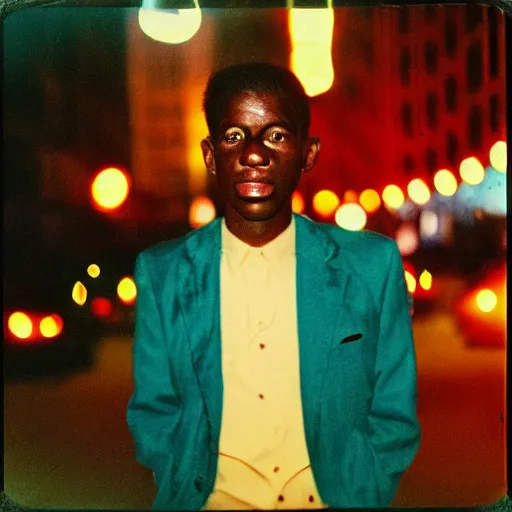 Prompt: analog medium format bokeh night portrait in harlem, 1 9 6 0 s, colourful, photographed on expired film, detailed photograph