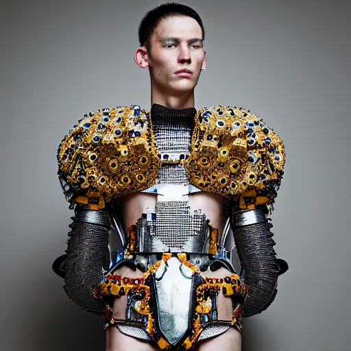 Image similar to a portrait of a beautiful young male wearing an alexander mcqueen armor made of circuits, photographed by andrew thomas huang, artistic