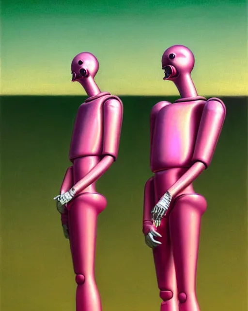 Image similar to hyperrealistic postmodern mechanical iridescent pink humanoids performing concept art santiago caruso de chirico sharp very dramatic green light 8k low angle shallow depth of field