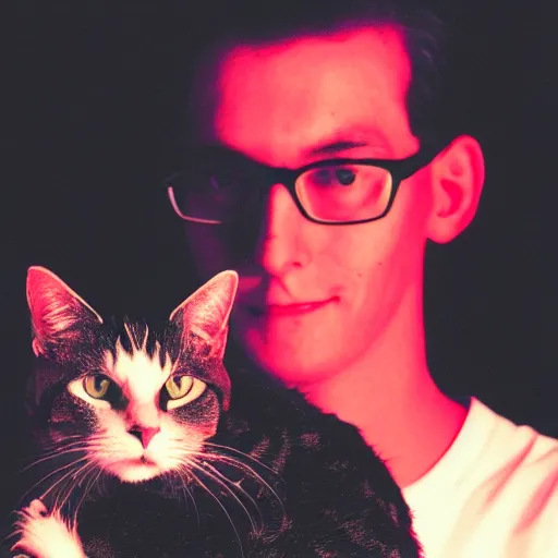 Prompt: portrait of neil cicierega holding his cat in the dark, red lighting, black background