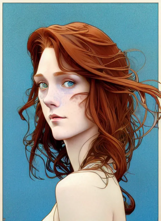 Image similar to art nouveau portrait of a woman with completely straight auburn hair, light blue eyes, pale skin, freckles, sad expression, t - shirt, modern casual clothing, natural lighting, path traced, highly detailed, high quality, cartoon, digital painting, by don bluth and ross tran and studio ghibli and alphonse mucha