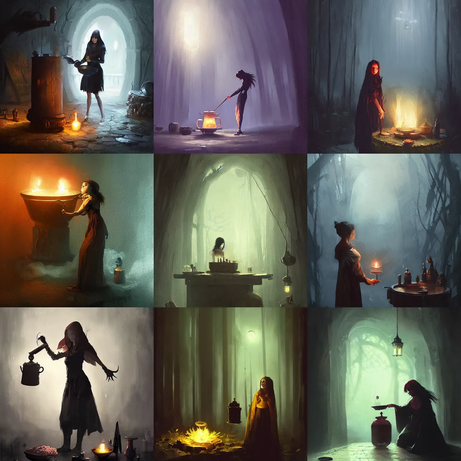 Prompt: a mighty witch brewing a potion. gloomy, mystic lighting. concept art, digital painting by greg rutkowski.