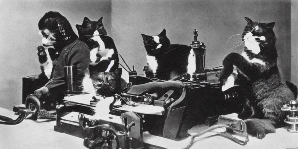 Prompt: an old black and white vintage film photo from 1890, very serious cats working in Tec support, frustrated and annoyed, funny, rotary phone and tools on the desk