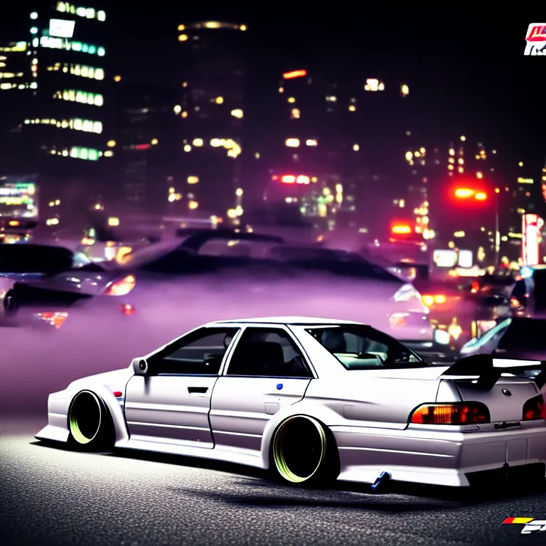 Image similar to a car JZX90 twin turbo drift at illegal car meet, Shibuya prefecture, city midnight mist lights, cinematic lighting, photorealistic, highly detailed wheels, high detail