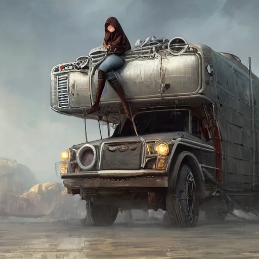 Image similar to a highly detailed epic cinematic concept art CG render digital painting artwork: the back of a steampunk truck in motion. girl in grey hoodie catches a ride on the back of a truck. By Greg Rutkowski, Ilya Kuvshinov, WLOP, Stanley Artgerm Lau, Ruan Jia and Fenghua Zhong, trending on ArtStation, made in Maya, Blender and Photoshop, octane render, excellent composition, cinematic atmosphere, dynamic dramatic cinematic lighting, aesthetic, very inspirational, arthouse