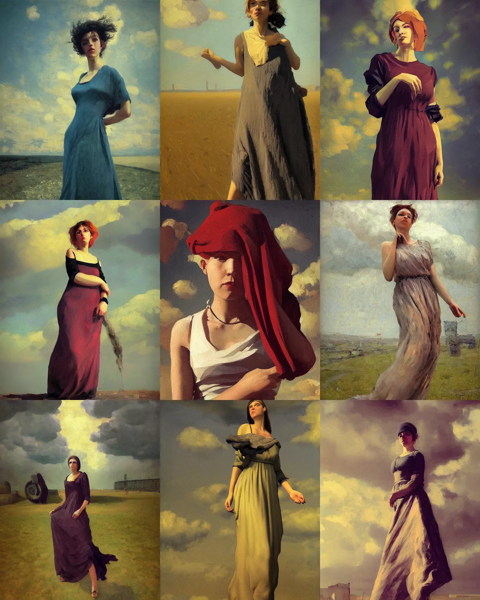 Prompt: woman portrait, female figure in maxi dress, sky, thunder clouds modernism, low poly, low poly, low poly, industrial, vapor punk, barocco, ilya repin style