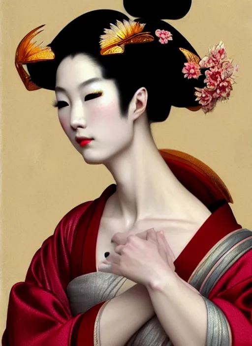 Image similar to organic seductive Geisha portrait, pearlescent skin, diffuse lighting, fantasy, intricate, elegant pose, highly detailed, lifelike, photorealistic, digital painting, artstation, illustration, concept art, different point of view, smooth, sharp focus, art by John Collier and Albert Aublet and Leonardo da vinci and Moebius and Krenz Cushart