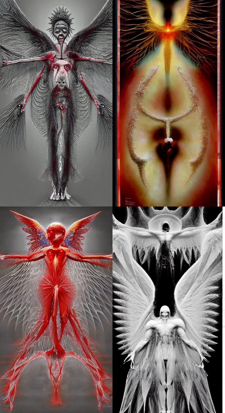 Prompt: angelic fiery satanic seraphim, infinite dream of all mystical human fractal consciousness experiencing itself subjectively, transcendent, Gunther von Hagens, highly detailed, cinematic, dramatic, sublime