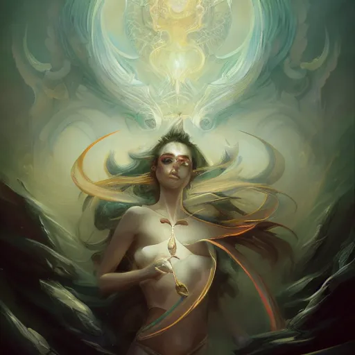 Image similar to a beautiful emanation from angelarium, portrait, centered composition, by pete mohrbacher and artgerm and wlop, digital art, highly detailed, intricate, fantasy, mystical, smooth, sharp detail, Trending on Artstation HQ, deviantart, unreal engine, 4K UHD image